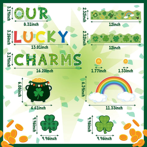 St. Patrick Shamrock Bulletin Board, 121P Classroom Decor with Clover Gold Rainbow Stockpot Cutouts for Home