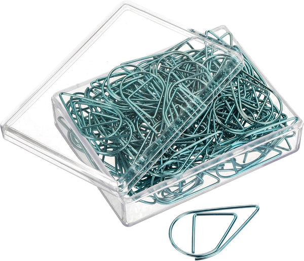MECCANIXITY Cute Drop-Shaped Paper Clip Decorative Clips with Box 1.3 Inch Blue for Organizing Office Home, Pack of 100