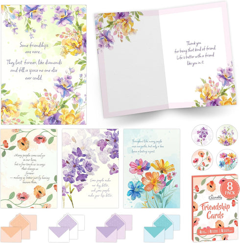 Decorably 8 Pack 5x7in Glittery Assorted Friend Card with Envelopes & Stickers
