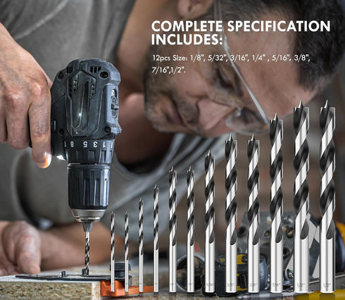 Brad Point Wood Drill Bit Set, 12Pcs with Double Flutes Design for Carpenter Woodworking and All Types of Wood (1/8" -