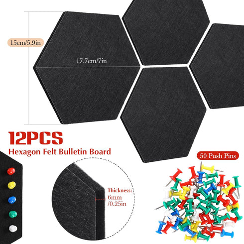 Ctosree 12 Pcs 5.9 x 7 Inch Felt Bulletin Board Tiles Hexagon Felt Pin Boards Cork Board Strip Self Adhesive Backing with 50 Push Pins for Pictures Photos Memos Office School Rv Decor (Black)