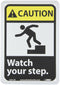 NMC CGA12R Caution Sign, "Watch Your Step", 7" x 10", Plastic, Black/White Text on Yellow/Black