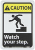 NMC CGA12R Caution Sign, "Watch Your Step", 7" x 10", Plastic, Black/White Text on Yellow/Black