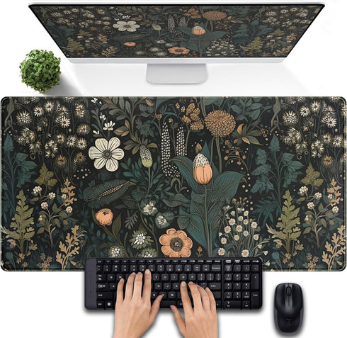 Dark Flower Desk Mat, Aesthetic Wildflowers Large Gaming Mousepad, XXL Keyboard Mouse Mat for Women Office Desk