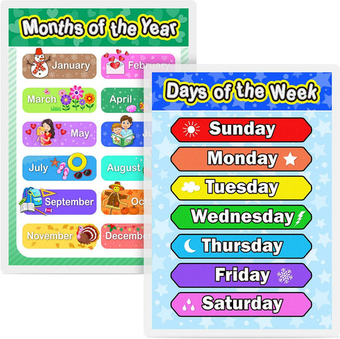 Blulu Laminated Preschool Poster Set, 2 Pieces Full Laminated Days of the Week and Months of the Year for Kids