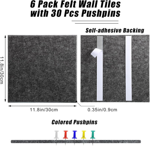Large Cork Board 36" x 24", 6 Pack Felt Wall Tiles with 30 Pushpins, Dark Gray Bulletin Board