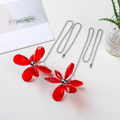 2 Pack Silver Ceiling Fan Pull Chains Extension, Red Crystal Prisms Flower Pendant Pull Chains for Ceiling Fans
