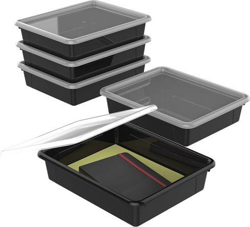 Storex Letter Size Flat Storage Tray Organizer Bin with Non-Snap Lid for Classroom, Office, Home, Black, 5-Pack