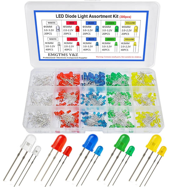 300 Pcs 3mm & 5mm LED Diode Assortment Kit - 5 Colors