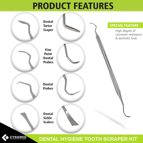 CynaMed Dental Tools Set - 6PC Stainless Steel Dental Pick, Tooth Scraper, Plaque Remover for Oral Care