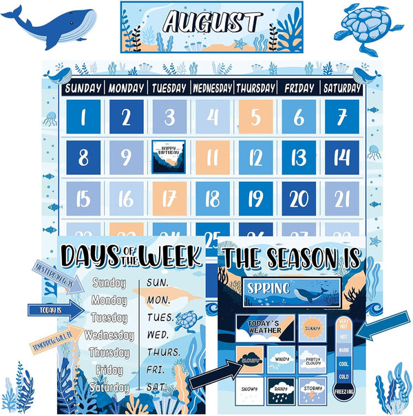 Ocean Sea Calendar Bulletin Board Set for Classroom Decoration with Sea Animals and Weather Chart