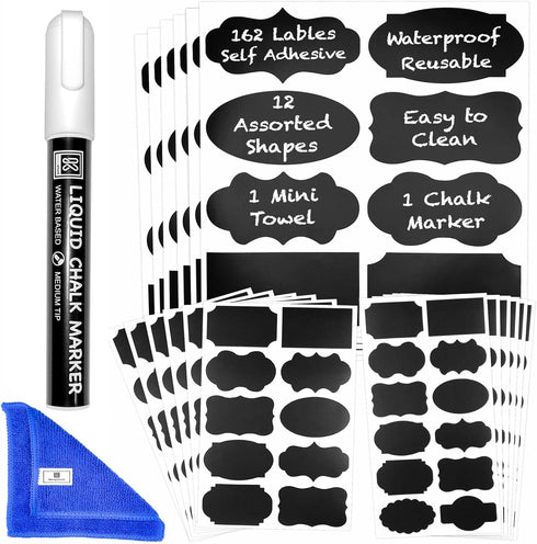 Chalkboard Labels for Jars, 162pcs Waterproof Reusable Stickers with Erasable Liquid Chalk Marker