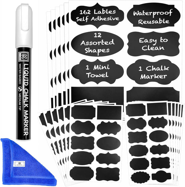 Chalkboard Labels for Jars, 162pcs Waterproof Reusable Stickers with Erasable Liquid Chalk Marker