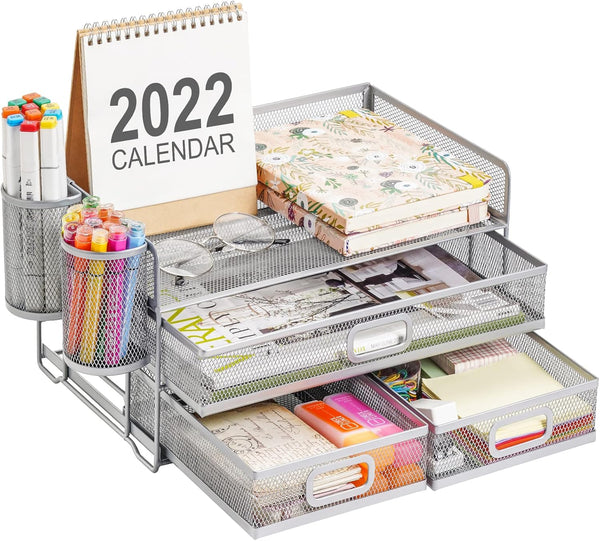 Marbrasse 3 Tier Mesh Desk Organizer with Drawer, Multi-Functional Paper Letter Organizer and Accessories for Home