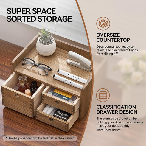KIRIGEN Desk Organizer with 3 Drawers, Dark Brown Wooden Storage Box for Office Supplies and Toiletries