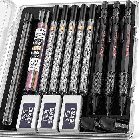 Nicpro 3 Pack 2mm Mechanical Pencils Set with Case, 33 Graphite Lead Refills, 36 Colored Lead, Erasers, Heavy Duty