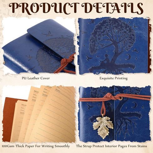 Teling 10 Pieces PU Leather Journal, Vintage Tree Refillable Notebook, Rustic Bound Diary for Daily Writing, A6 5'' x