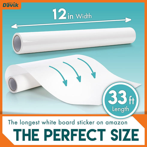 Undo White Board Sticker, Easy Cut and Set Up Dry Erase Board for Wall Art or Classroom Decor, Office and School Supplies, 12 Inches by 33 feet - Davik by Davik