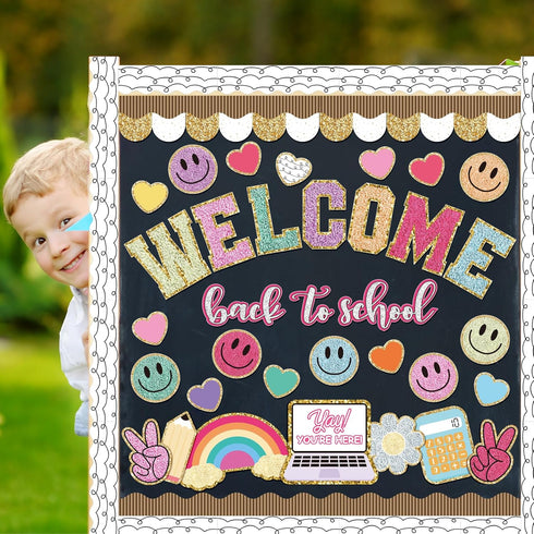 Back to School Bulletin Board Kit 110Pcs Boho Groovy Paper Cutouts with Glue Points for Classroom Party
