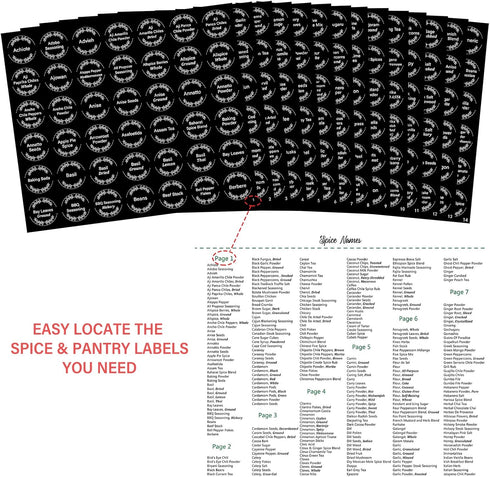 672 1.2" Set Preprinted Spice Labels Book with AZ Index, Minimalist Black Round Stickers for Kitchen Jars, Waterproof