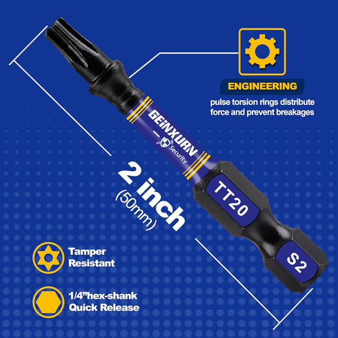 2 In. Security T20 Impact Magnetic Screwdriver Bit Set, 51 Pieces #20 Torx Head Power Bit Set with Impact Bit Holder