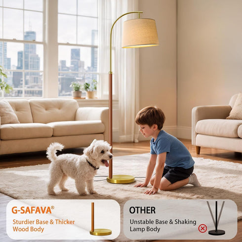 62.5" G-SAFAVA Wood Floor Lamp for Living Room Gold with Foot Switch Arc Standing Tall Lamps for Bedroom Mid Century