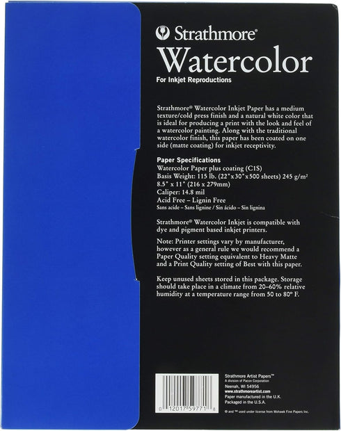 Strathmore Inkjet Watercolor Paper, 8.5x11 inches, 8 Sheets, 115lb/245g, Artist Paper for Watercolors
