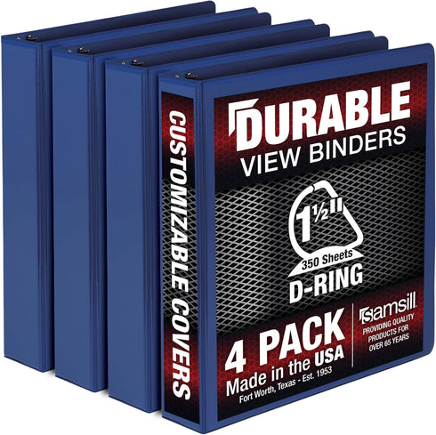 Samsill Durable 1.5 Inch Binder, D Ring Customizable Clear View Binder, Blue, 4 Pack, Holds 350 Pages