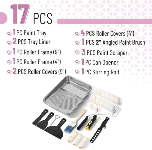 9 Inch 17 4" 9" 4" 9", Bates- Paint Roller Kit, pcs, Plastic Paint Tray, Clear Disposable Tray Liners, & Roller Frame