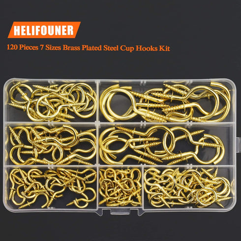 120 Pieces Cup Screw Hooks, Gold Color, Self-Tapping Screws Hooks Kit in 7 Sizes (1/2" to 1-1/2")
