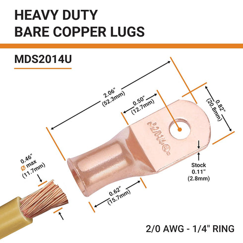 SELTERM 10pcs 2/0 AWG - 1/4" Stud - Battery Lugs, Heavy Duty Wire Lugs, Ring Terminals, Battery Cable Ends,00 Gauge Terminals, UL Bare Copper Eyelets Electrical Battery Terminal Connectors