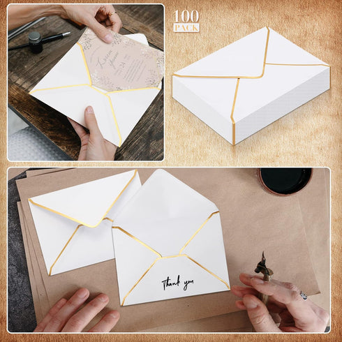 Teling 100 Pack 5 x 7 Envelope Invitations | Ice White | A7 V Flap Envelopes with Gold Border for Bridal Shower, Wedding