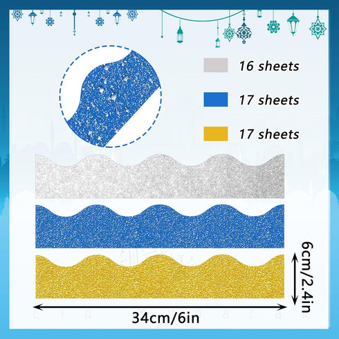Crtiin 55.8 Feet Bulletin Board Border Shiny Scalloped Borders Bulletin Board Border Decorative Eid Bulletin Board Trim Poster Borders Classroom Decoration Strips (Gold, Blue, White) by Crtiin