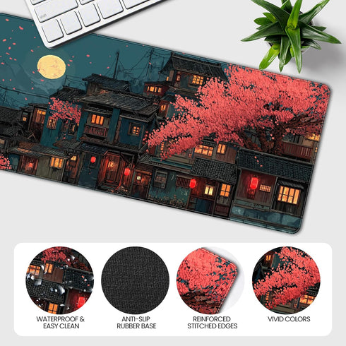 YUANSM 35.4 15.7 Inch Japanese Anime Cherry Blossom Night Scene Mouse Pad, XXL Extended x Desk Mat, Non-Slip Rubber