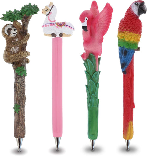 Bundle of Sloth, Llama, Tropical Flamingo, & Red Parrot Novelty Pens – Colorful Tropical Animals Writing Pens for