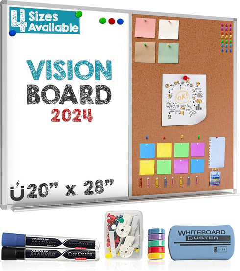 Besso Vision Board 2024: Dry Erase Cork Board Combo Set - 20" x 28" Magnetic White Board and Cork Bulletin Combination