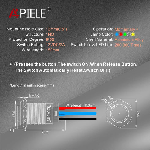 APIELE 12mm Momentary Push Button Switch, Pre-Wired 150mm High Round Head (Black Aluminum, Green)