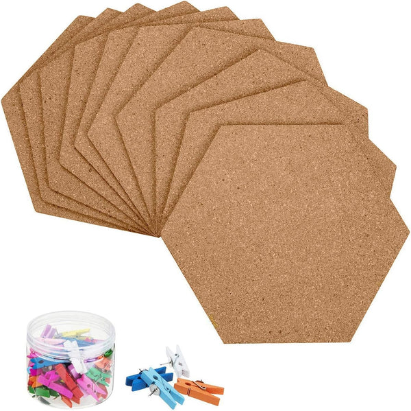 HBlife Hexagon Cork Board Tiles - 10 Pack Self-Adhesive Decorative Bulletin Board for Office Home Kitchen with Push Pins