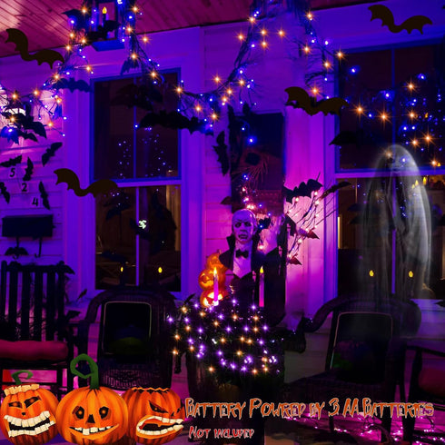 2 Pack 200 66Ft 8 echosari Halloween Fairy Lights Battery Operated, LED Auto Timer Silver Wire Starry String Lights