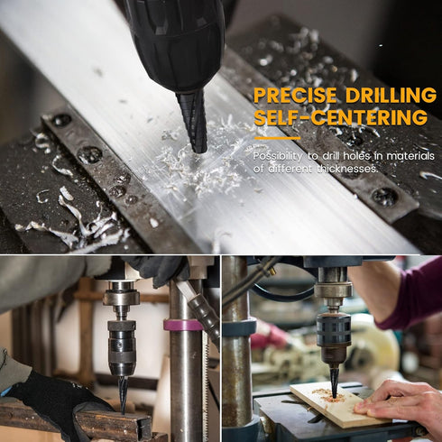 MulWark Four Spiral Flute Cobalt Step Drill Bit Set and Automatic Center Punch, Industrial Grade Coated Step Bit