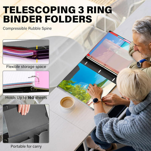 WOT I Telescoping Project Organizer, Refillable 3 Ring Binder Pocket Folder with Customized Front Cover+Clear Catalog Pocket+5 Double-Pocket Tab Dividers+1 Binder Pocket, Black by WOT I
