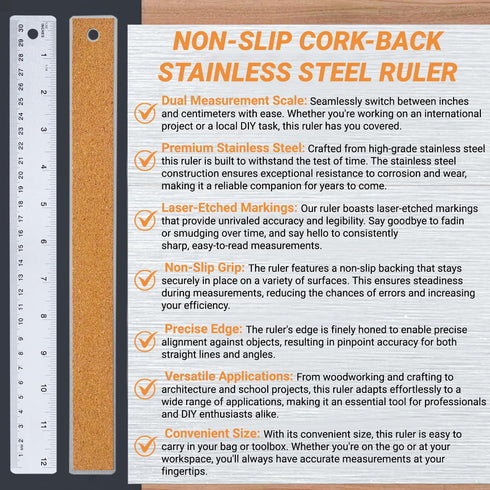 Stainless Steel Metal Ruler with Non-Slip Cork Back for Home Improvement, Planner Accessories, College School Supplies, Drafting Tools, Architecture Supplies, 30.5 Centimeters & 12 inches