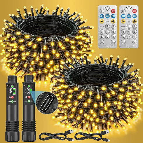 Rechargeable Battery Operated String Lights, 2-Pack Total 66ft 200LED Rechargeable String Light