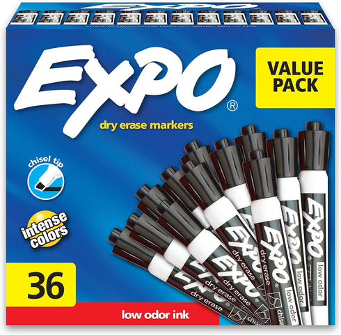 EXPO Dry Erase Markers, Chisel Tip, Black, Low-Odor, Pack of 36 for Whiteboards and Home Offices
