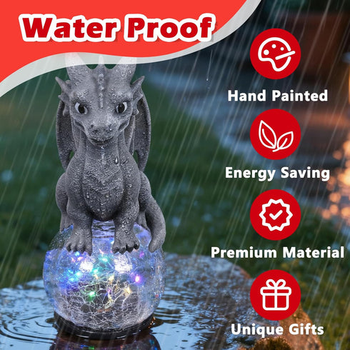 Dragon Garden Statue with Solar Crackle Glass Ball - Gothic Outdoor Decor for Patio & Yard - Mystical Dragon Guardian