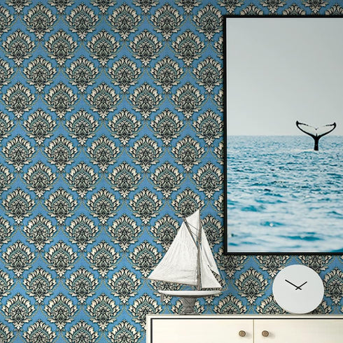 Y9832 Damask Peel and Stick Wallpaper 17.7" x 9.8ft Light Blue Removable Contact Paper Self-Adhesive Damask Furniture Paper Drawer Shelf Liner Vinyl Film by JZHOME