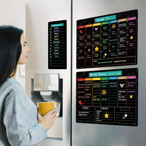 MaxGear Black Magnetic Calendar for Refrigerator, 16x12 - Monthly & Weekly Dry Erase Board with 7 Markers & Eraser
