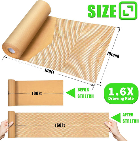 MINHAO Honeycomb Packing Paper 15"x100' Eco Friendly for Moving, Recyclable Honeycomb Paper with 36 Fragile Sticker