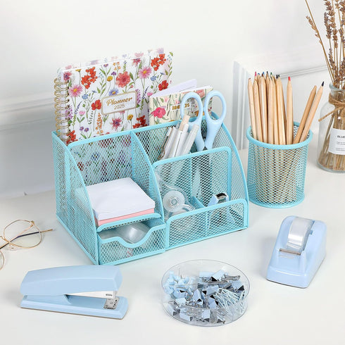Set, 1000pcs SKYDUE Blue Office Supplies Office Desk Accessories, Mesh Desk Organizer, Stapler, Tape Dispenser