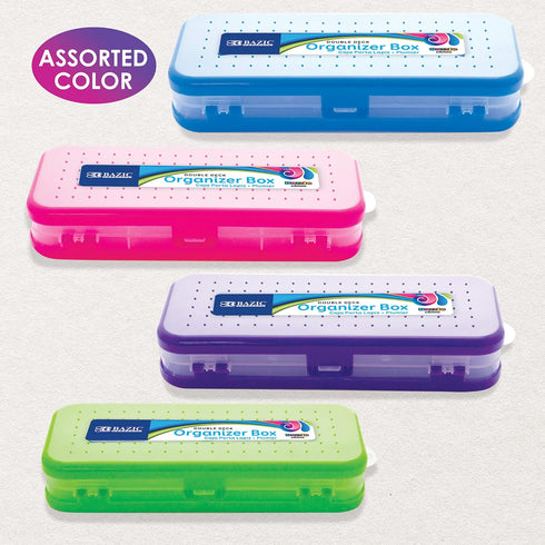 BAZIC Plastic Pencil Case 8" Double Deck Utility Storage Box, Bright Color, Multi Purpose Organizer, 4-Pack by BAZIC Products